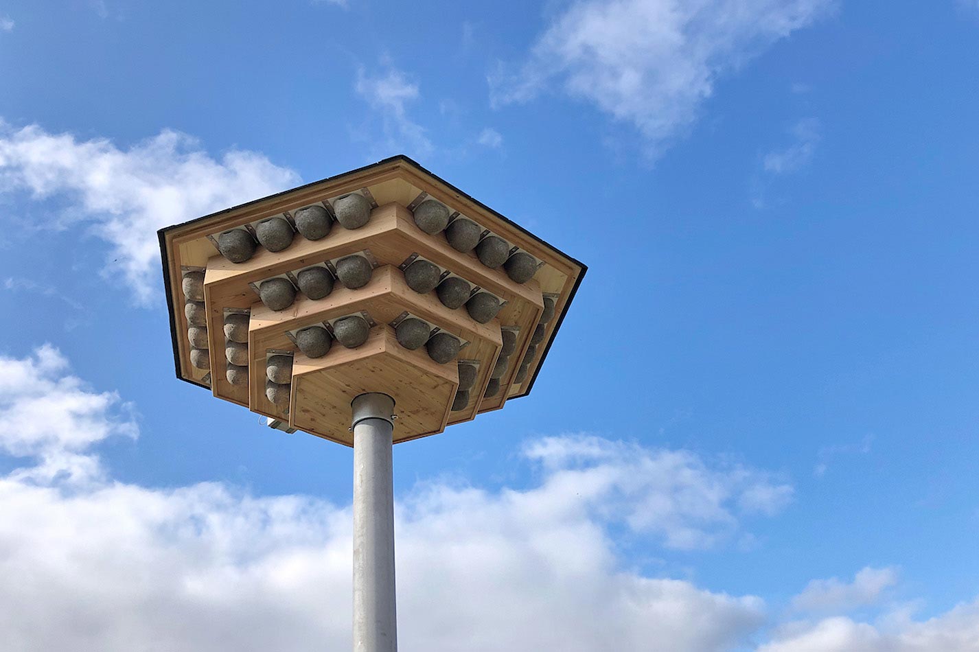 Ein dreistöckiges Schwalbenhaus aus Holz mit Kunstnestern für Mehlschwalben auf einem Stahlmast mit einer Klangattrappe